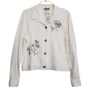 NEW Coldwater Creek Woman's White Cotton Blazer with Black Embroidery, Size Med